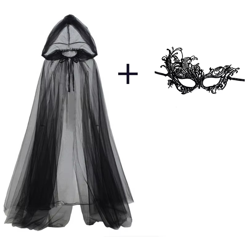 2Pcs Black Hooded Tulle Cape + - Black Face Mask Pack review and price